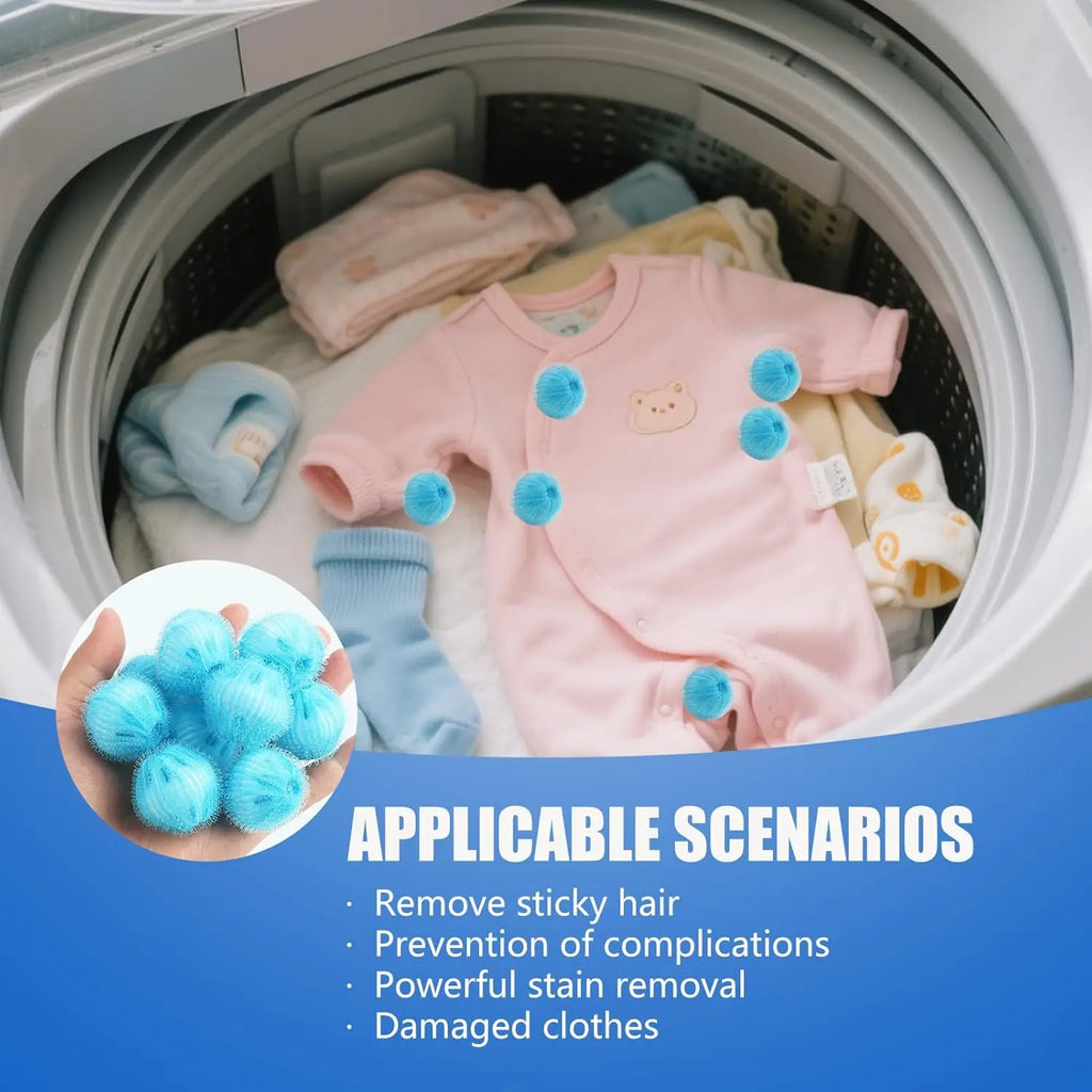 Hand holding bright blue, spiky laundry hair-removal balls against a washing machine filled with baby clothes.