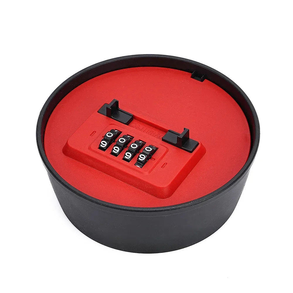 Round black and red plastic storage container with a four-digit combination lock mechanism on the lid.
