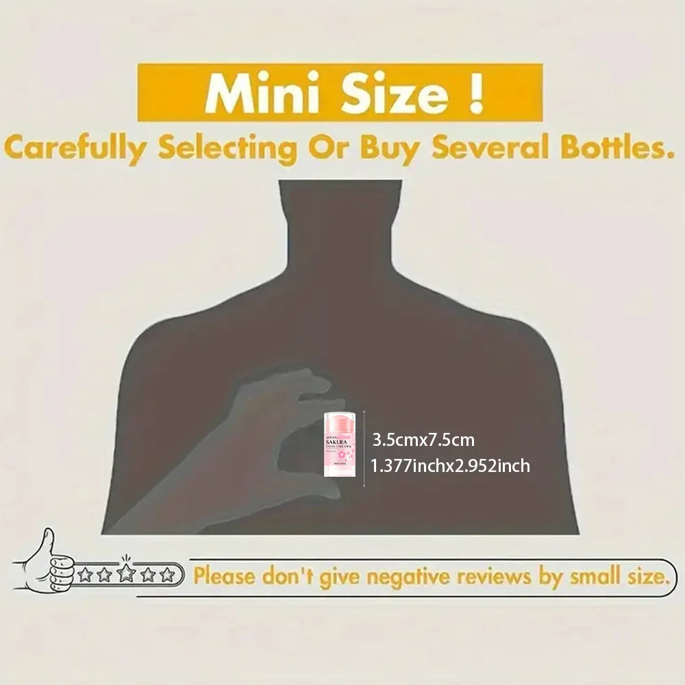 Small pink skincare bottle held by hand, showing compact 3.5cm x 7.5cm dimensions.