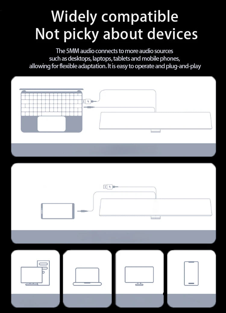 A sleek, black USB stereo soundbar shown connecting to various devices including laptops, tablets, and mobile phones.