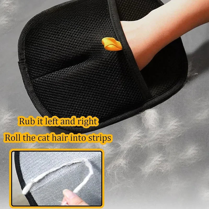 Black mesh pet hair removal mitt, showing how to rub surfaces to collect fur into easy-to-remove strips.