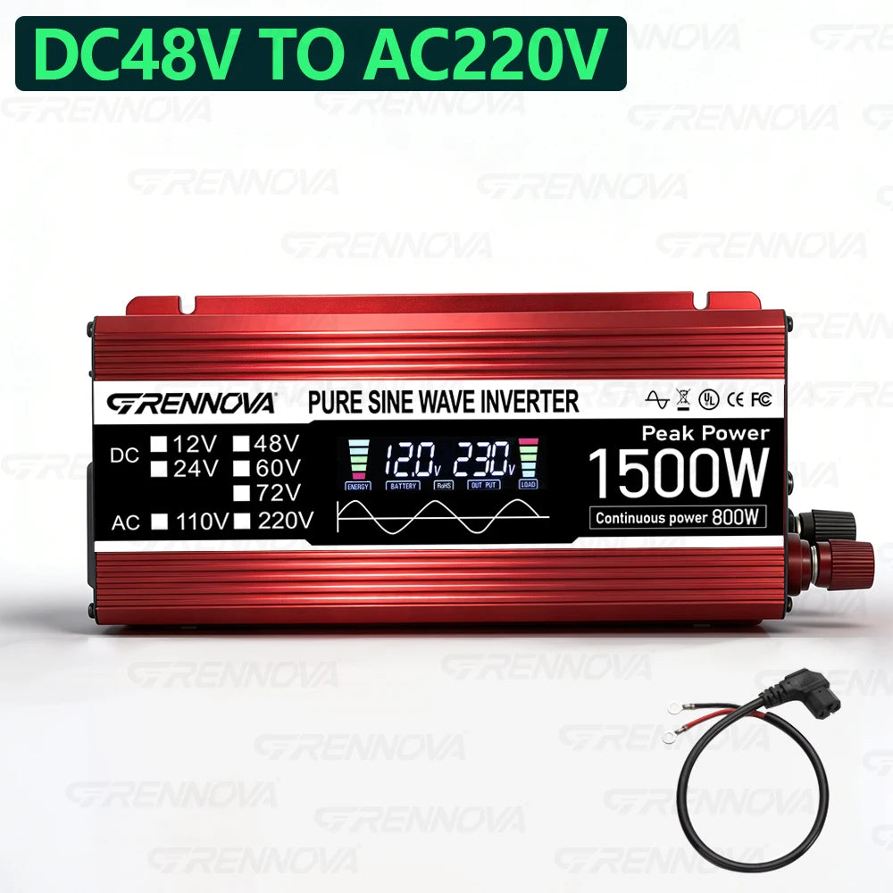 Red 1500W pure sine wave power inverter with a digital display showing voltage and output. Includes a connector cable.
