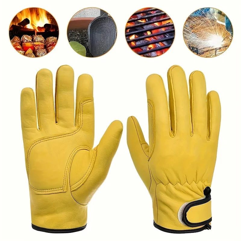 Pair of yellow PU leather work gloves with reinforced palms, elasticated wrists and secure hook-and-loop fastenings.
