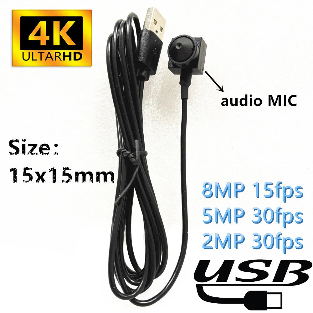 Small 15x15mm black USB mini camera with a built-in microphone and cable for high-definition video recording.