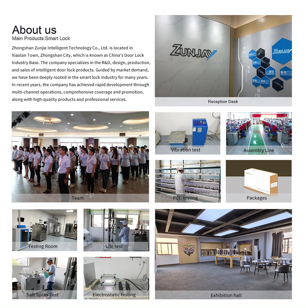 A collection of images showcasing a smart lock company's production, testing facilities, office, and team members.