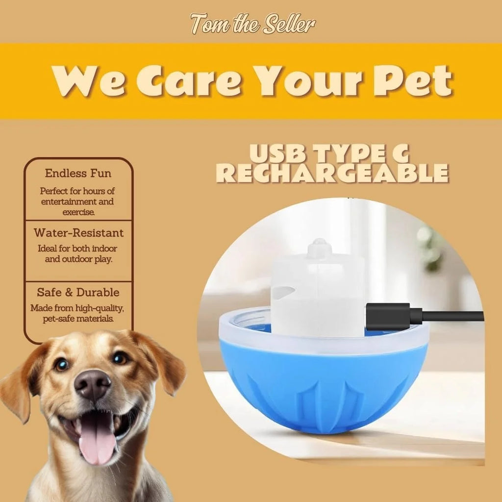 Blue interactive pet ball with a white internal core, shown being charged via a USB-C cable next to a happy dog.