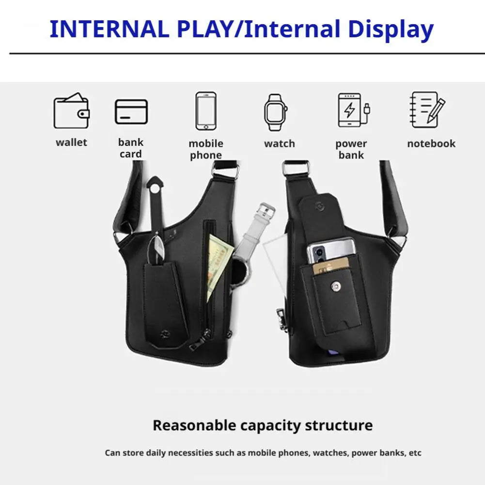 Black tactical crossbody bag showing internal compartments holding a phone, wallet, watch, and cards.