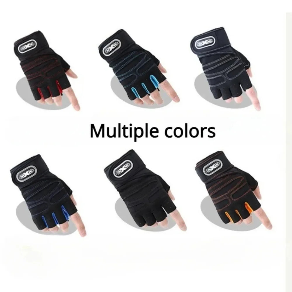 Six variations of black fingerless gym gloves with different coloured stitching and accents, featuring wrist supports.