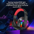 Black wired over-ear gaming headset with vibrant RGB lights, padded red headband and noise-cancelling microphone.