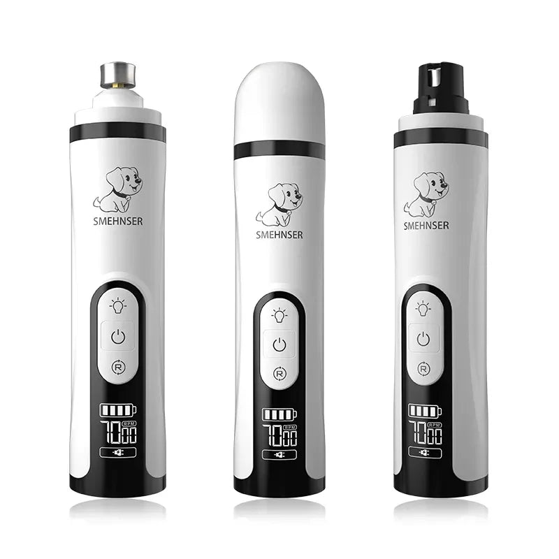 White electric pet nail grinder with LED light, digital display, and charging cover. Shown from multiple angles.