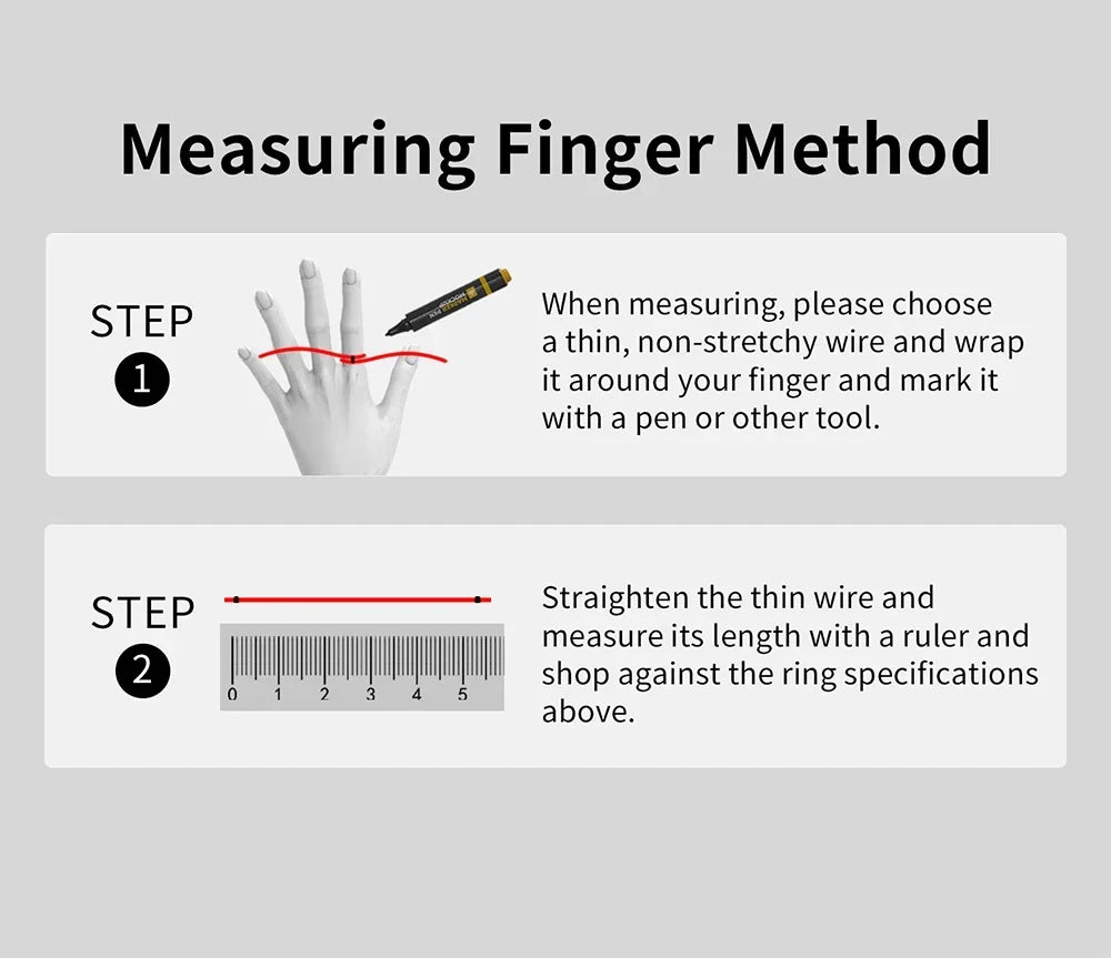A two-step guide showing how to measure your finger size using a piece of wire, a pen, and a ruler.