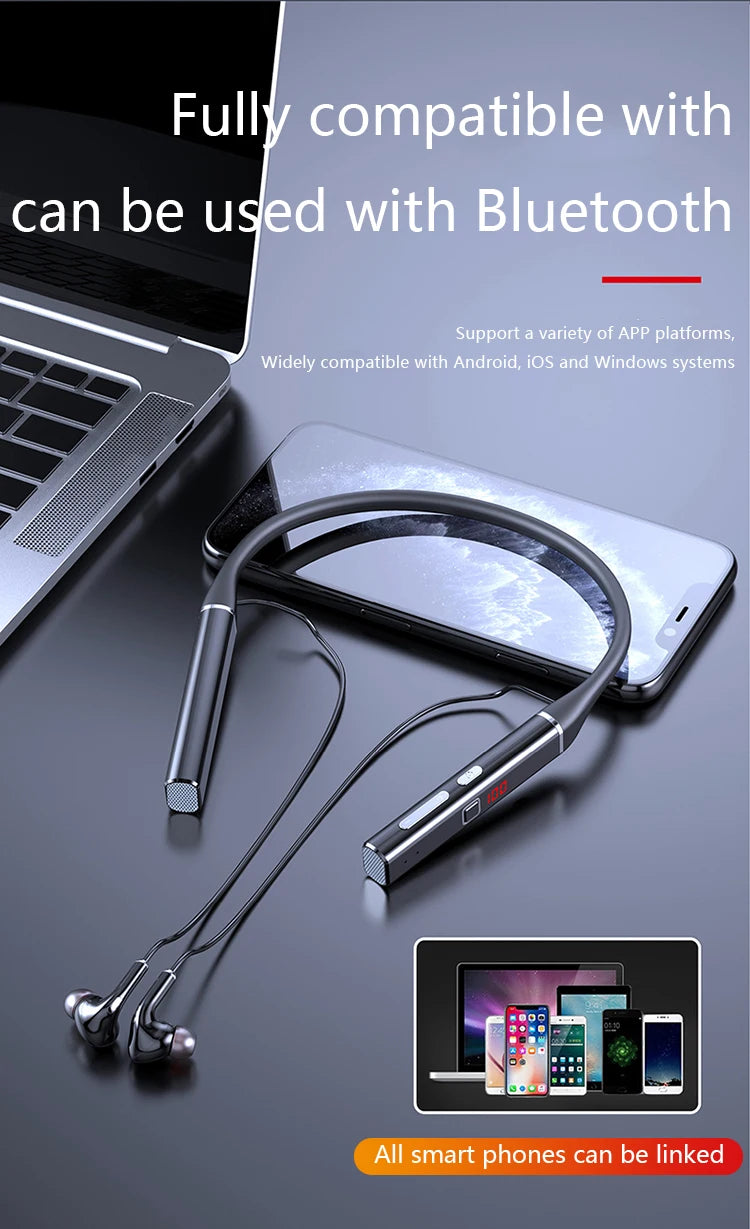 Sleek black wireless magnetic neckband headphones with a digital battery display, shown next to a laptop and smartphone.