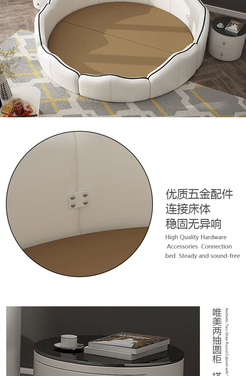 Luxury white round bed frame with tan base and integrated hardware details, accompanied by a matching round bedside table.