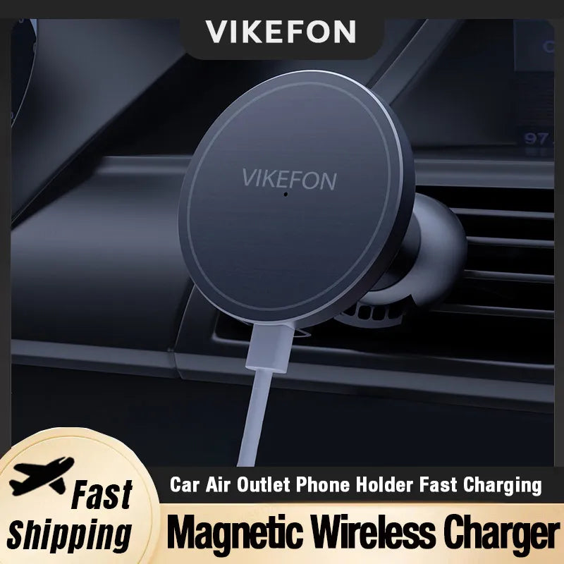 Black circular magnetic wireless car phone charger attached to a vehicle air vent with a connected white charging cable.