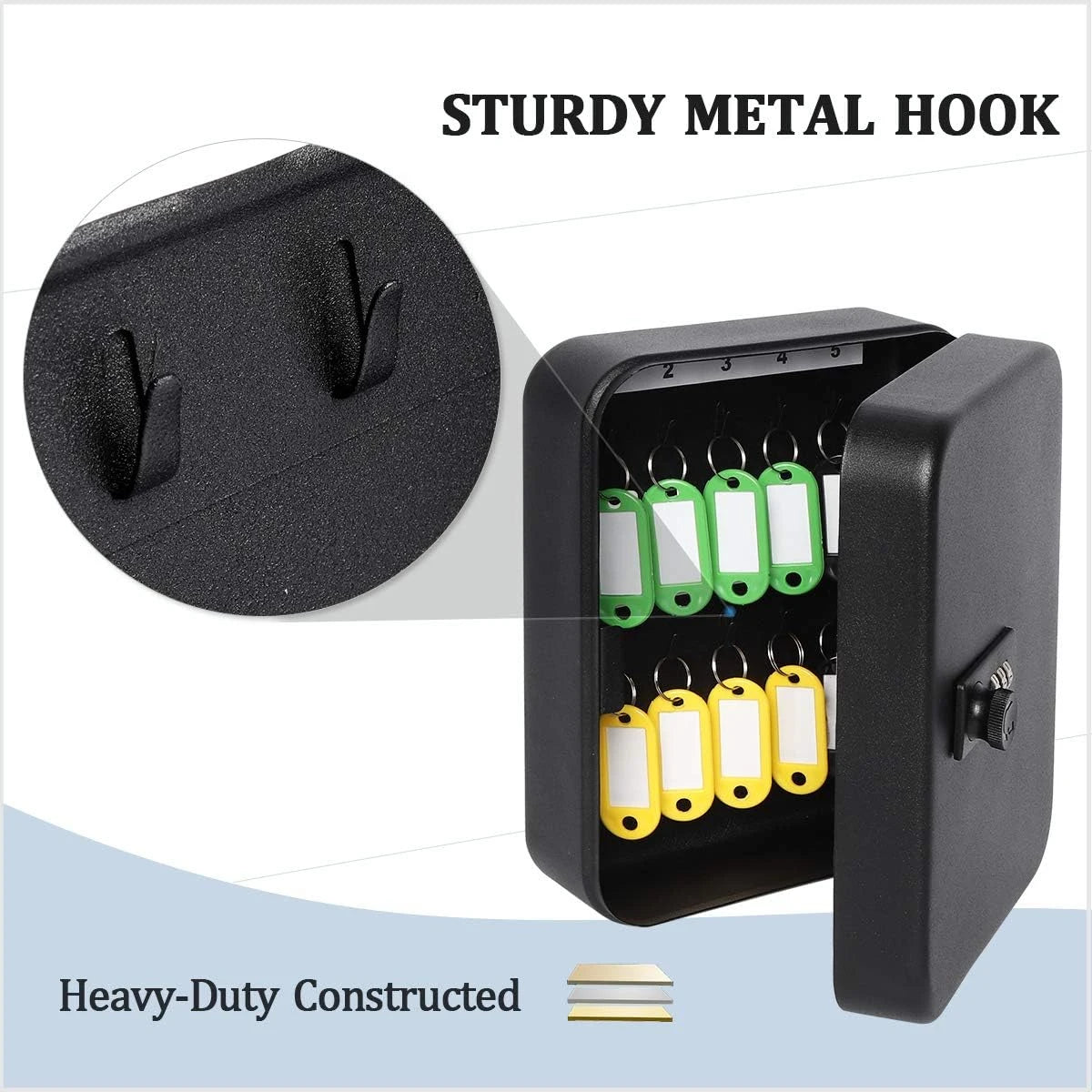 Black metal key cabinet with combination lock, interior metal hooks, and multicolored numbered key tags.