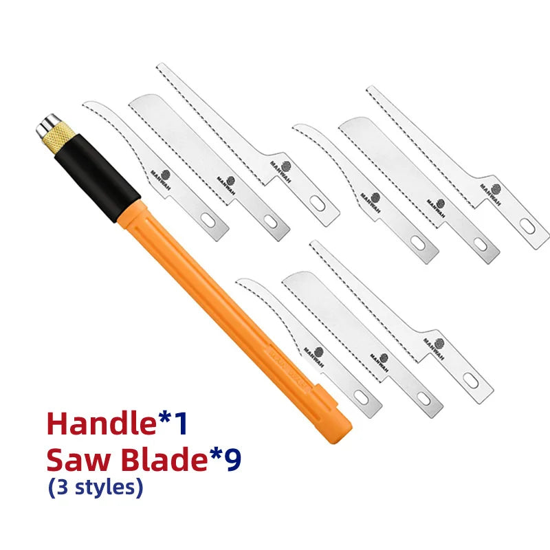 Craft hobby saw set with an orange handle and nine interchangeable metal saw blades in three different styles.