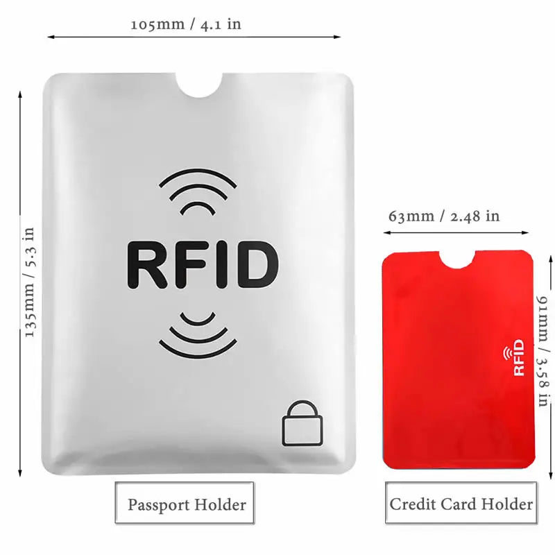 Silver RFID passport holder and red RFID credit card holder with dimensions shown.