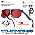 Black smart audio glasses with red lenses, Bluetooth calling, and four levels of adjustable, touch-controlled tint.