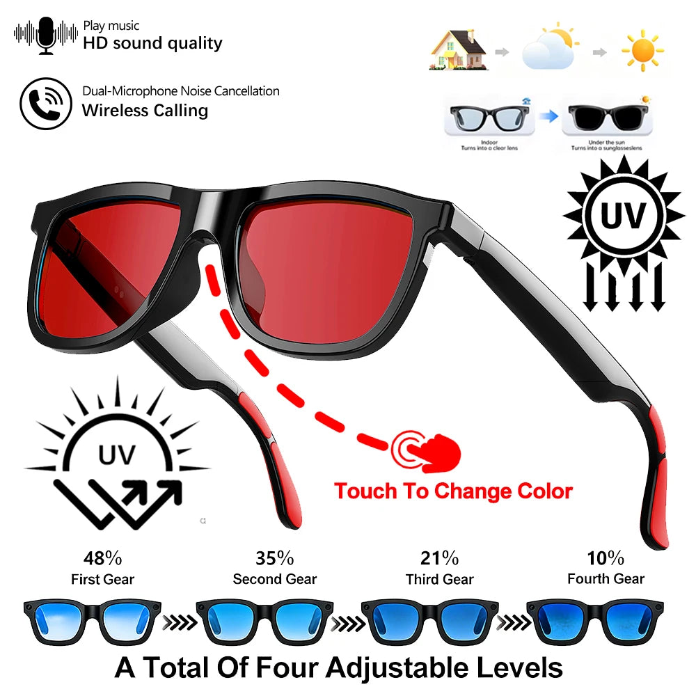 Black smart audio glasses with red lenses, Bluetooth calling, and four levels of adjustable, touch-controlled tint.