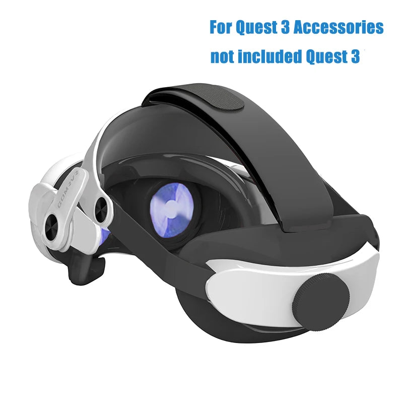White and black adjustable halo head strap for Meta Quest 3, featuring a comfortable padded design and adjustment dial.