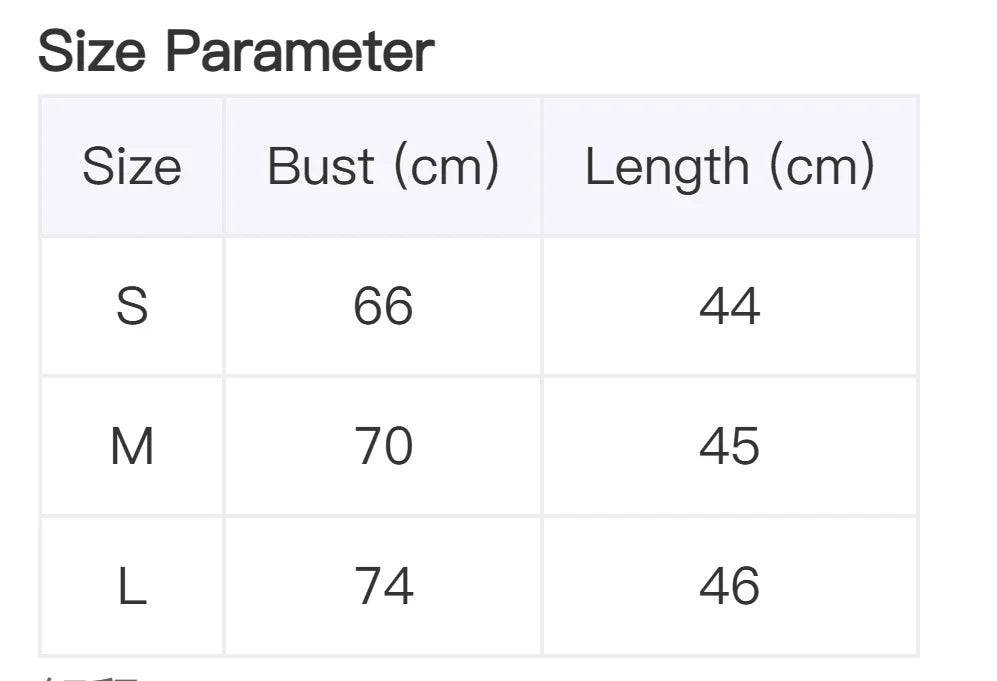 Sizing chart table showing bust and length measurements in cm for sizes small, medium, and large.