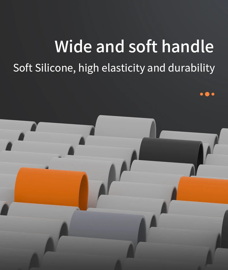 Group of wide, cylindrical silicone handles in grey, orange, and black, showcasing a soft, flexible material design.