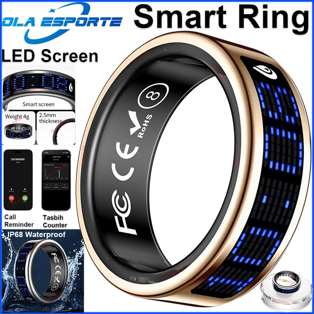 Gold-tone smart ring with a sleek black interior, featuring a digital blue LED touch screen and health tracking.