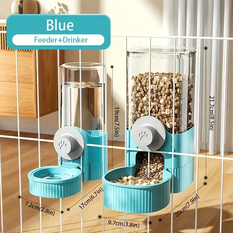 Blue hanging pet food and water dispenser set with clear containers and paw print dial design mounted on a wire cage.