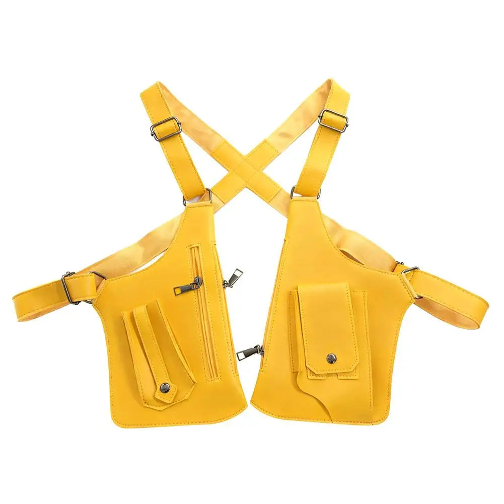 Bright yellow tactical crossbody chest harness with multiple zip and snap-button pockets and adjustable straps.