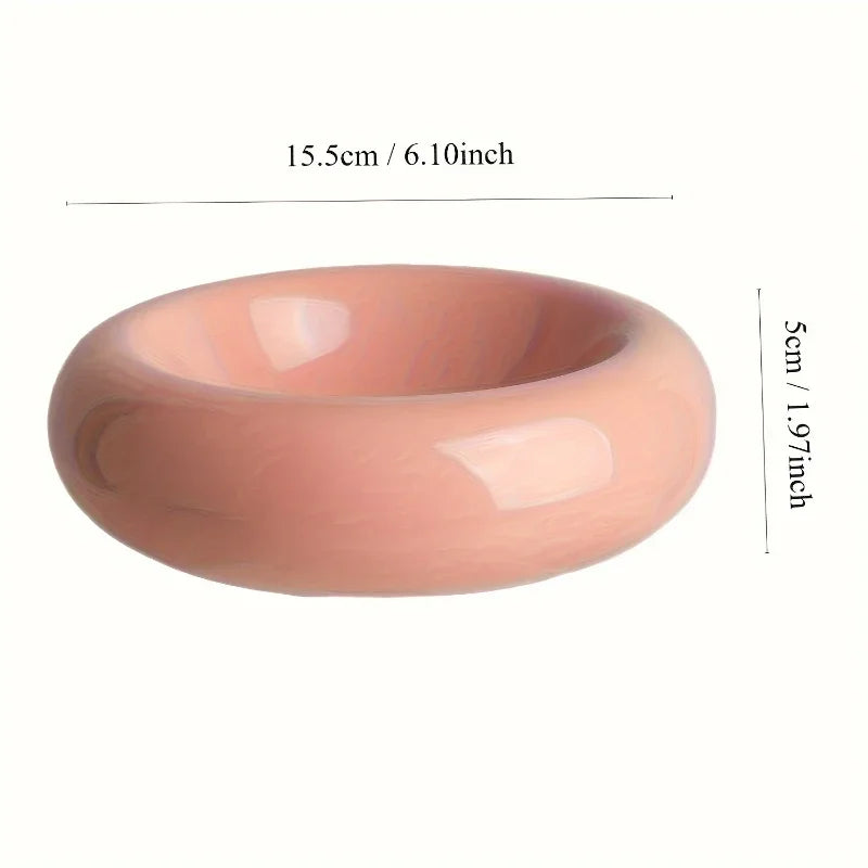 A smooth, round, dusty-pink ceramic cat feeding bowl with dimensions shown (15.5cm wide, 5cm high).