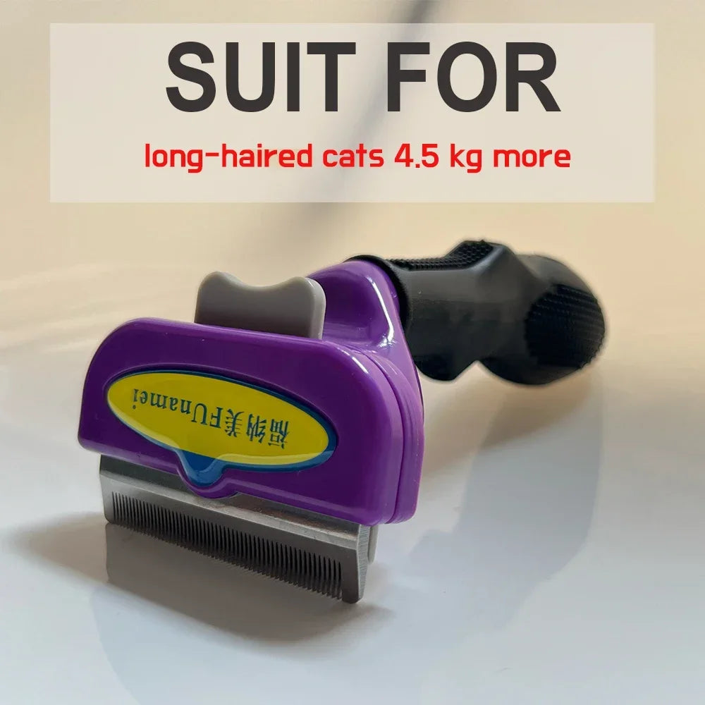 Purple pet deshedding tool with a black ergonomic handle and metal comb, suitable for long-haired cats over 4.5kg.