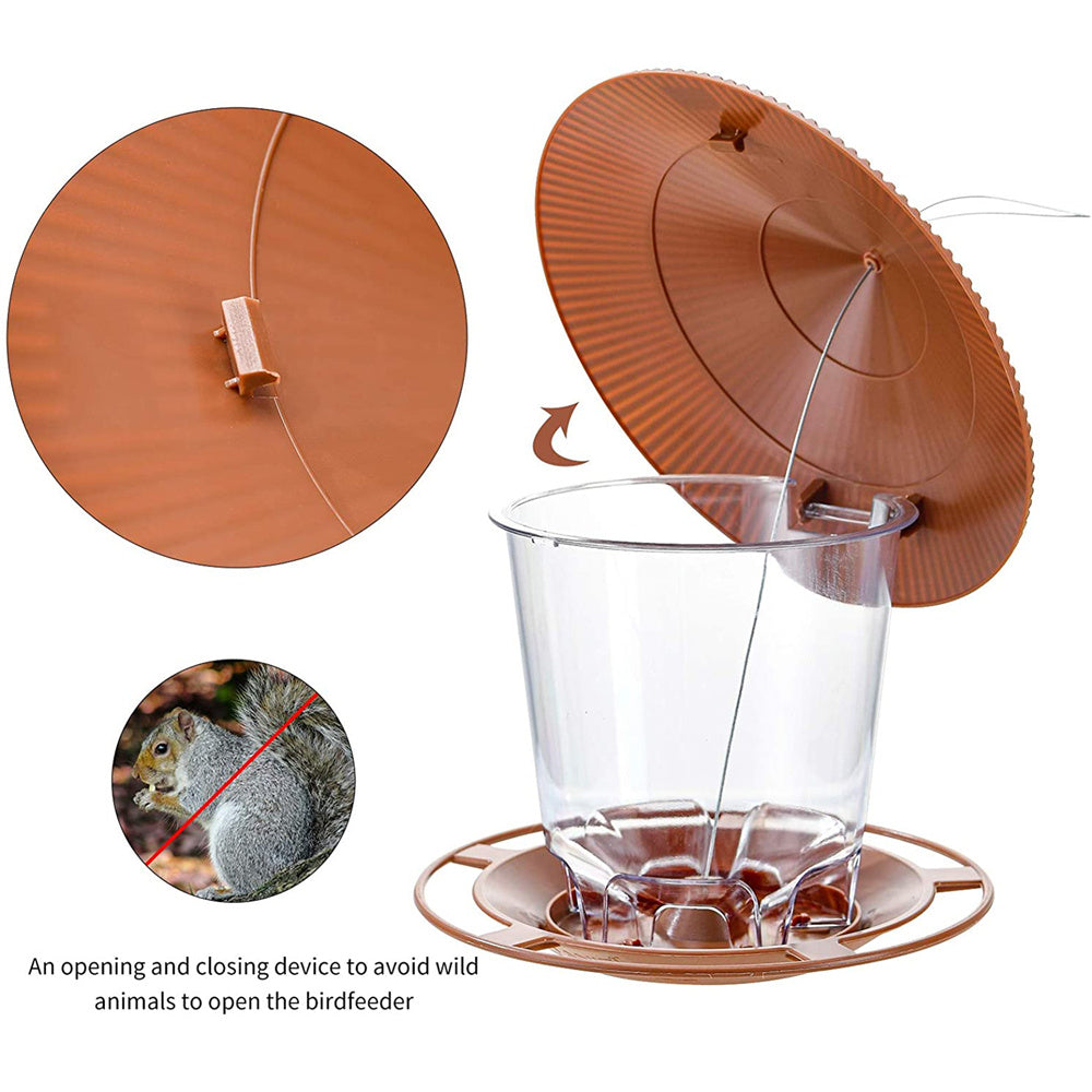 Clear plastic bird feeder with a brown protective roof and base, featuring a squirrel-proof locking mechanism.