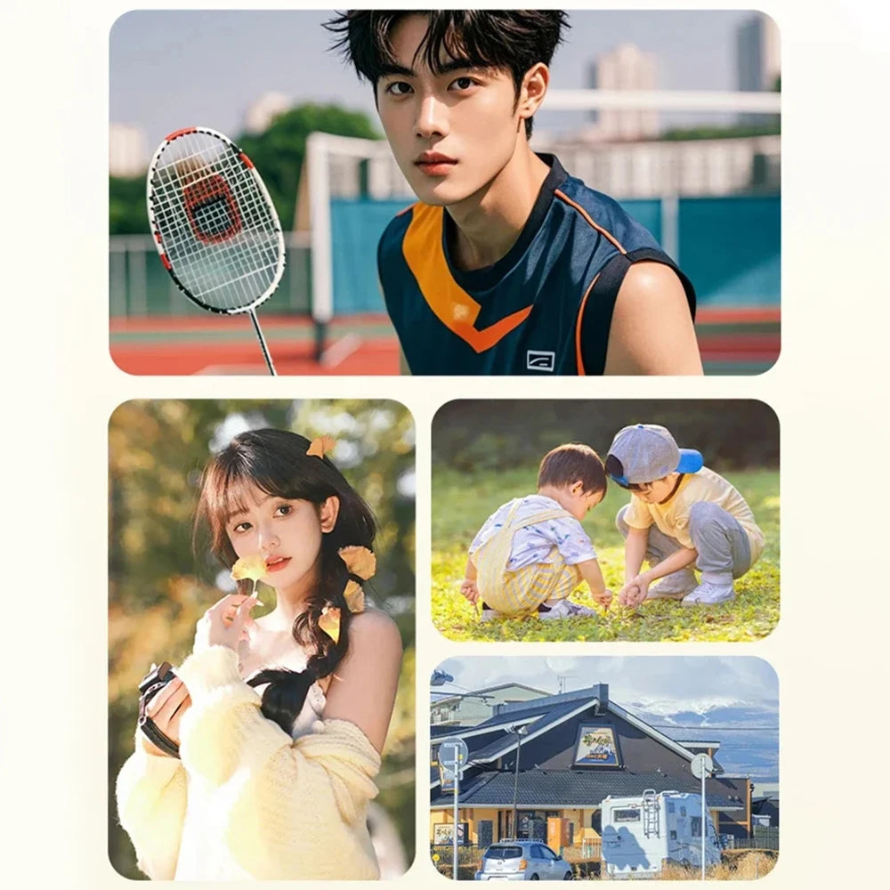 Collage showing a man in a sports tank, a woman in a knit cardigan, two children playing, and a building with a camper.
