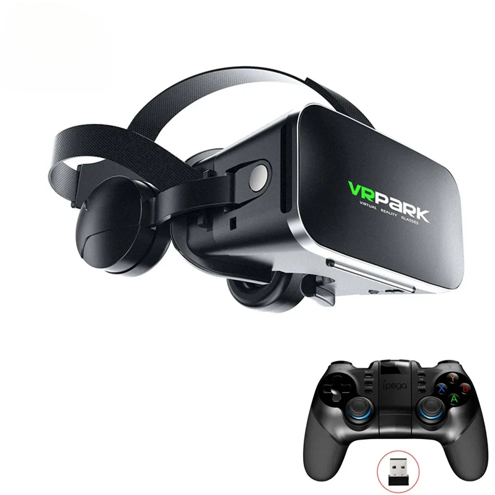 Black VR headset with integrated headphones and a matching wireless game controller.