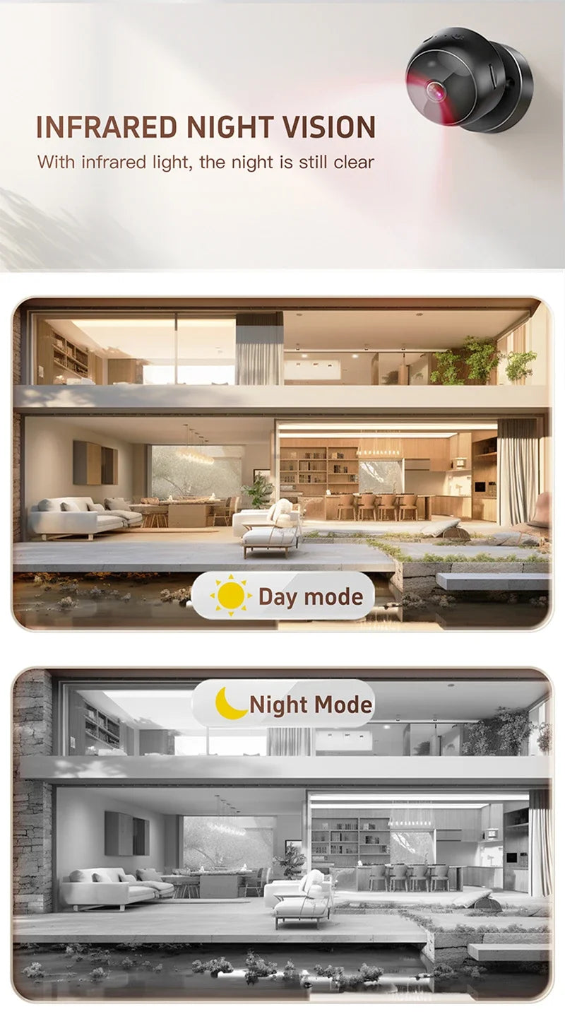 Black 360° wireless security camera showing comparison between full-colour day mode and clear infrared night vision.