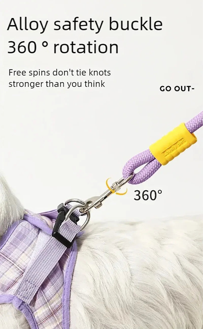 Purple rope dog leash with a yellow accent, featuring a 360-degree rotating alloy safety clip attached to a harness.