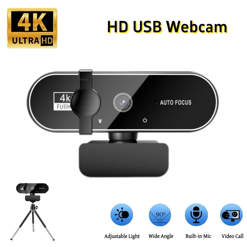 Sleek black 4K autofocus USB webcam with privacy cover, built-in microphone, and an included tripod stand.