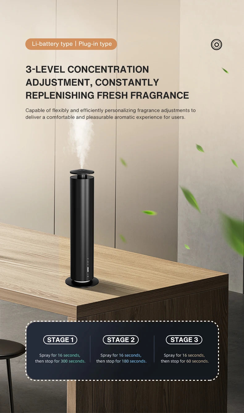 A sleek, black cylindrical aroma diffuser emitting a mist, displayed on a wooden desk with three fragrance intensity modes.