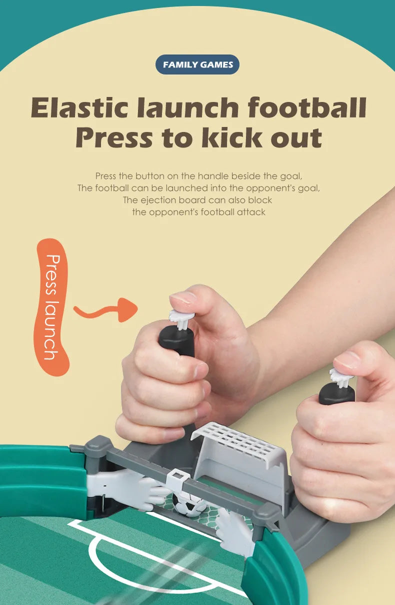 Interactive tabletop football game with green pitch, goal, and manual button-press ball launchers for two players.