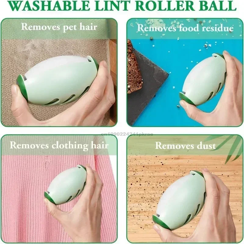 A pastel green, oval-shaped washable lint roller ball shown cleaning pet hair, food, clothing lint, and dust.