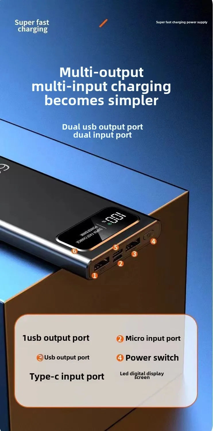 Slim black 20,000mAh power bank with LED digital display, featuring dual USB outputs and multiple input ports.