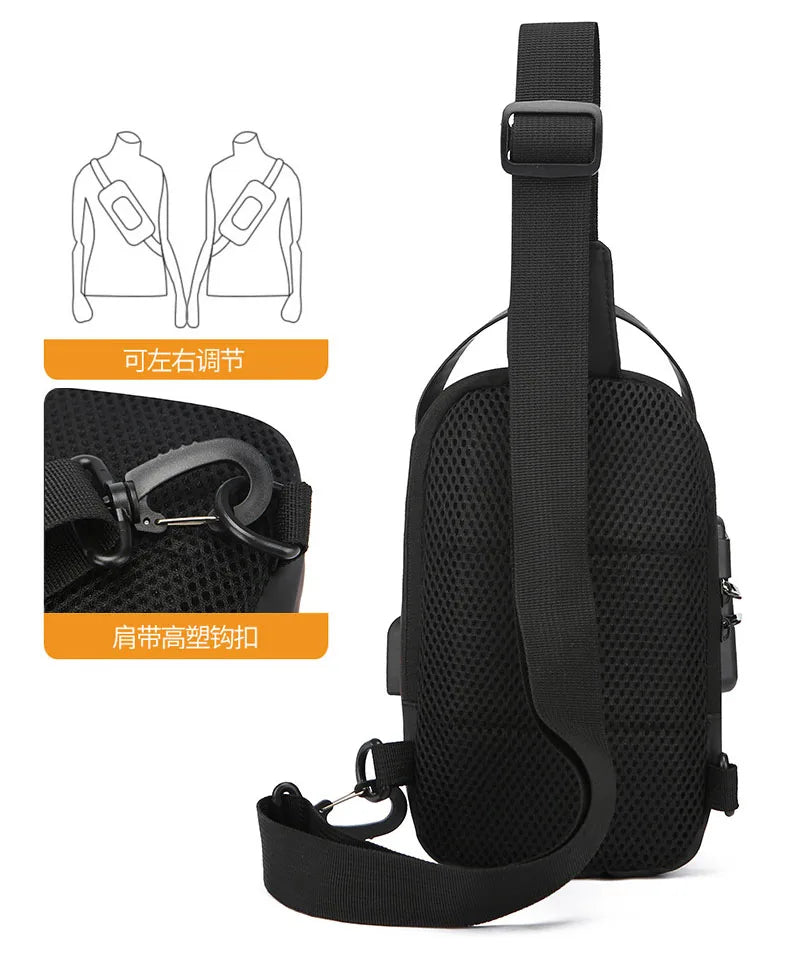 Black anti-theft crossbody sling bag with breathable mesh back, adjustable strap, and integrated USB charging port.