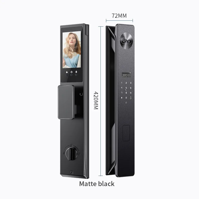 Matte black smart door lock with video screen, digital keypad, and fingerprint scanner, showing front and back views.