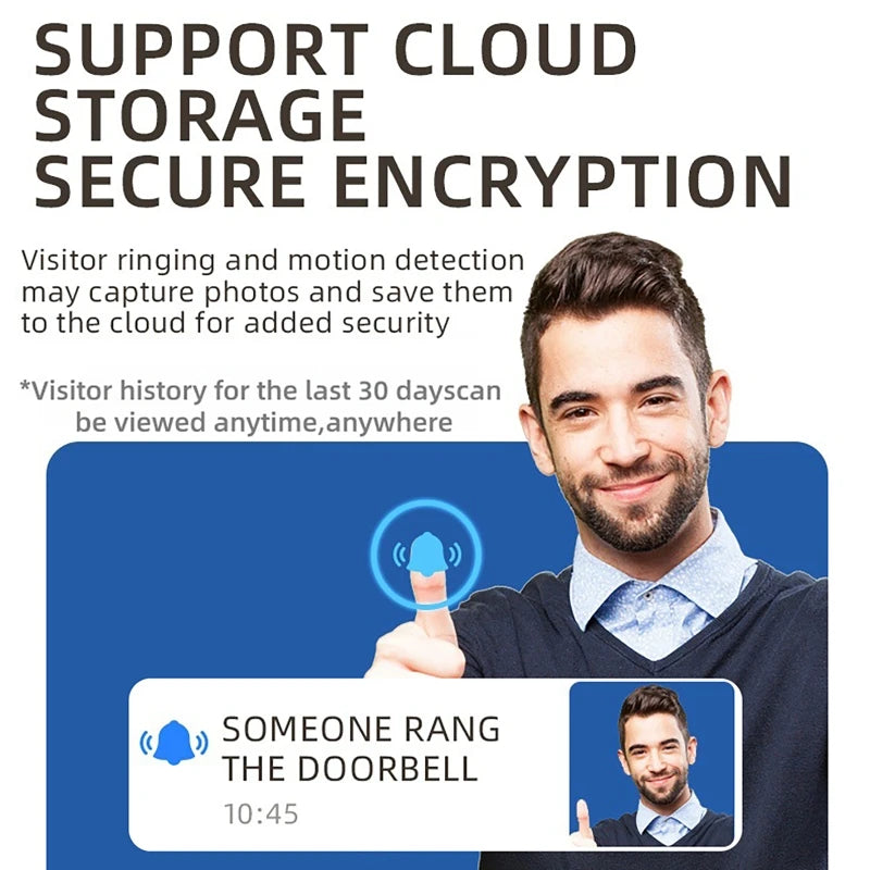 Man showing a smart doorbell notification on his phone, highlighting secure cloud storage and visitor history features.