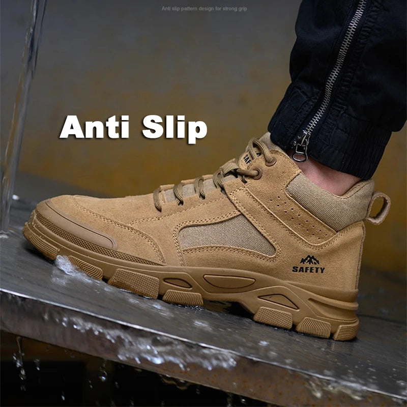 Tan cowhide safety work boot with lace-up closure, steel toe, and thick anti-slip sole standing on wet surface.