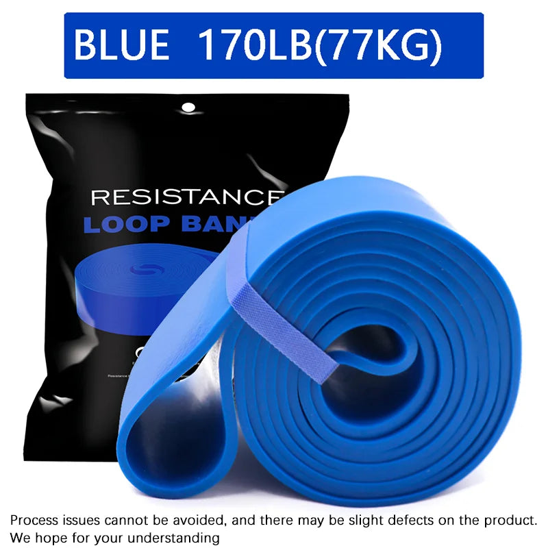 Blue, heavy-duty resistance loop band (170lb/77kg capacity) shown coiled next to its black packaging.