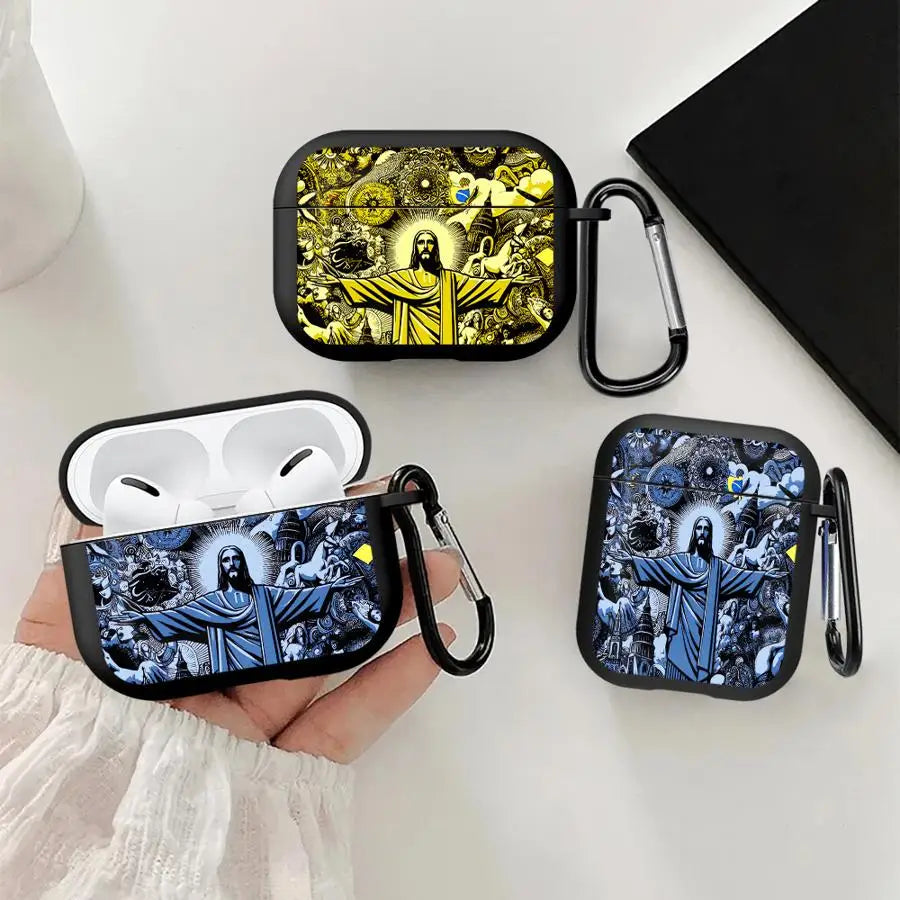 Black silicone AirPods Pro cases with religious art print, featuring yellow or blue colourways and a metal carabiner.