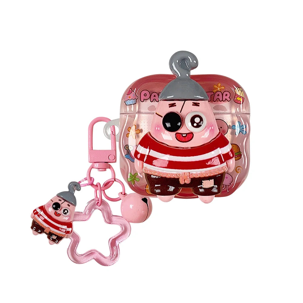 Pink transparent AirPods case featuring a Patrick Star pirate design with a star charm and keychain.