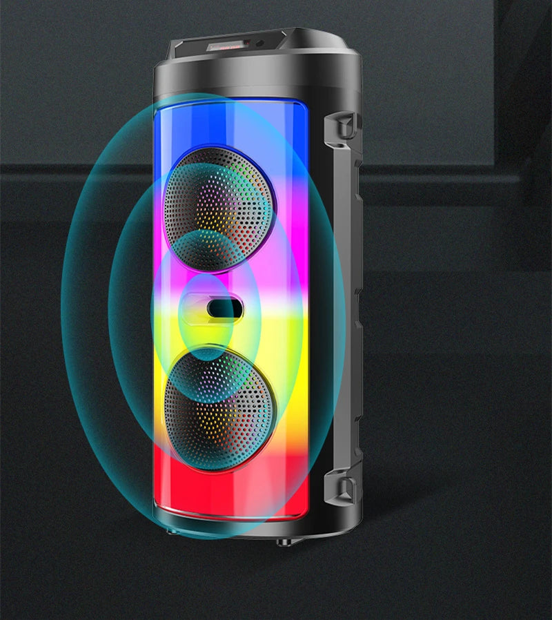 Portable black wireless Bluetooth speaker with vibrant LED lights, dual bass drivers, and a sleek modern design.