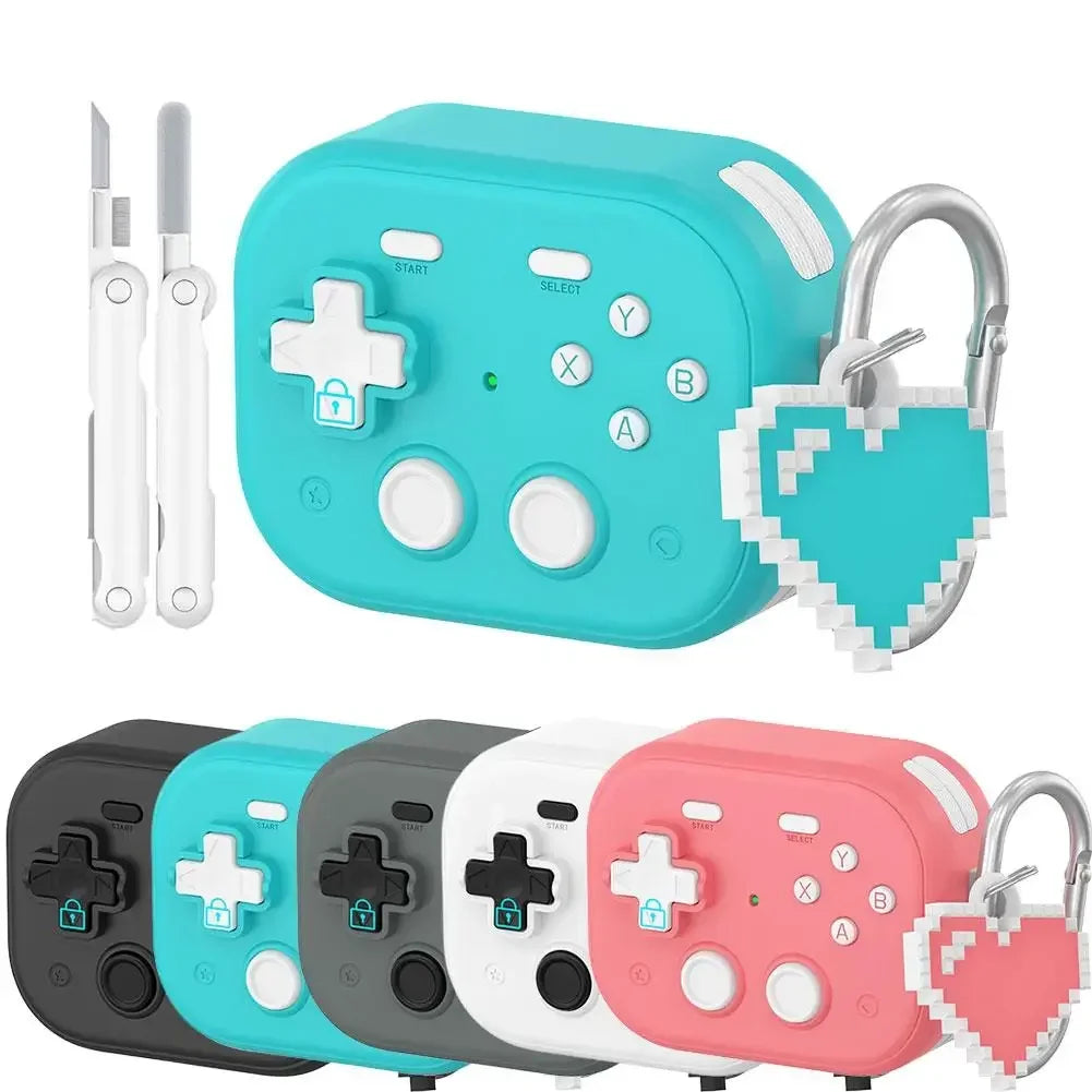 Retro game controller-style silicone case for AirPods in assorted colours, featuring a pixelated heart keyring.